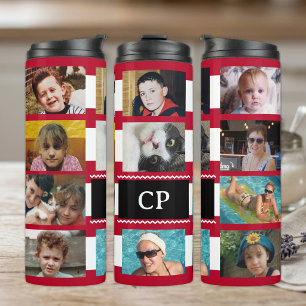 11 photo collage initials red white thermal tumbler