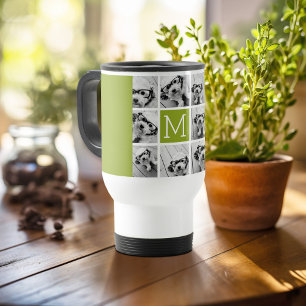 11 Photo Collage - Minimal Grid with Text Travel Mug