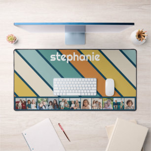 11 Photo Collage Retro Stripe - blue and gold Desk Mat