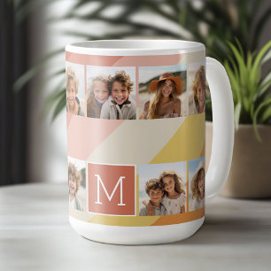11 Photo Collage - Retro Stripes Coral Peach Gold Coffee Mug