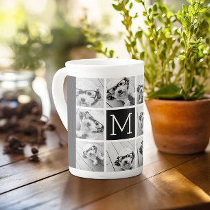 11 Photo Grid Collage with Monogram Bone China Mug