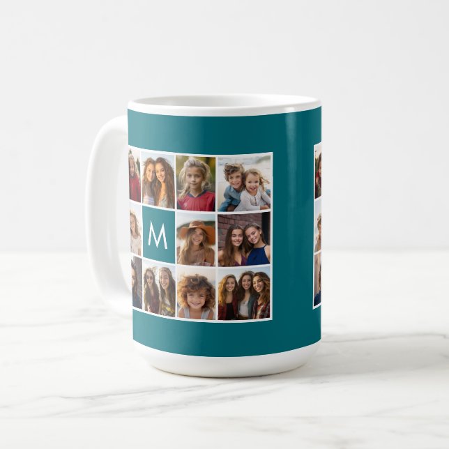 11 Photo Grid Collage with Monogram Coffee Mug (Front Left)