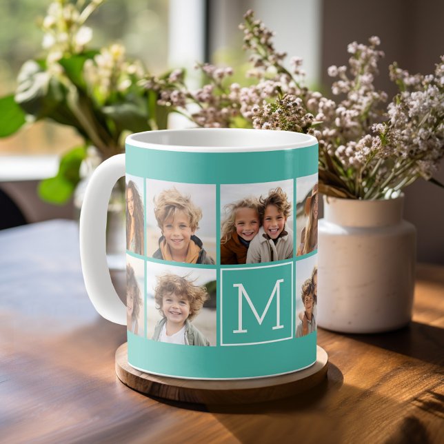 11 Photo Grid Collage with Monogram Coffee Mug (Personalized mug with photos)