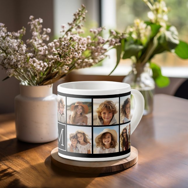 11 Photo Grid Collage with Monogram Espresso Cup (espresso mug - personalize with your photos)