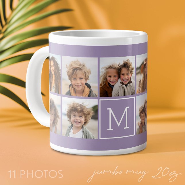 11 Photo Grid Collage with Monogram Large Coffee Mug (11 Photo Collage Mug)