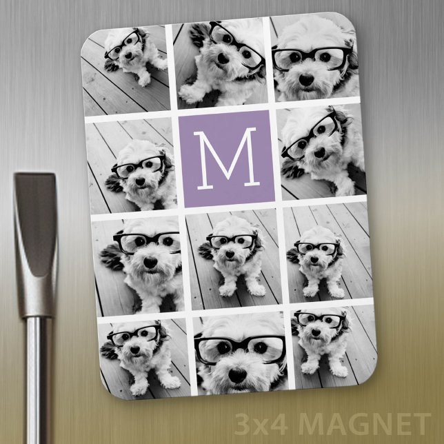 11 Photo Grid Collage with Monogram Magnet (Personalized fridge magnet - add photos and custom text)