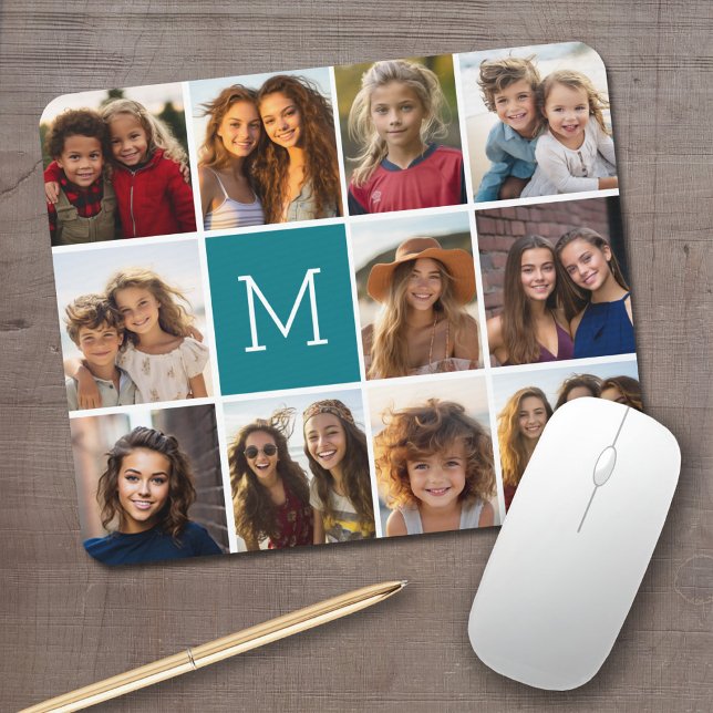 11 Photo Grid Collage with Monogram Mouse Mat (Personalized Mousepad - Add Your Photos and Text)