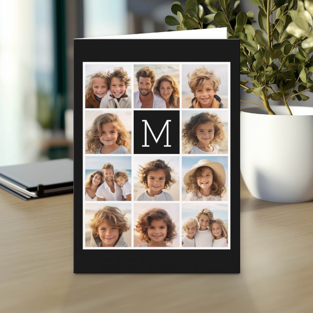 11 Photo Grid Collage with Monogram Note Card (Photo Greeting Card)