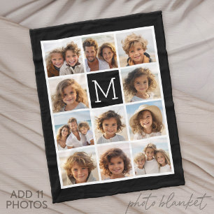 11 Photo Instagram Collage Custom Black Monogram Fleece Blanket