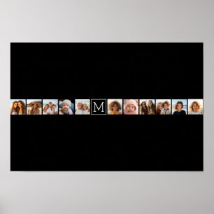 11 Photo Instagram Collage Custom Black Monogram Poster