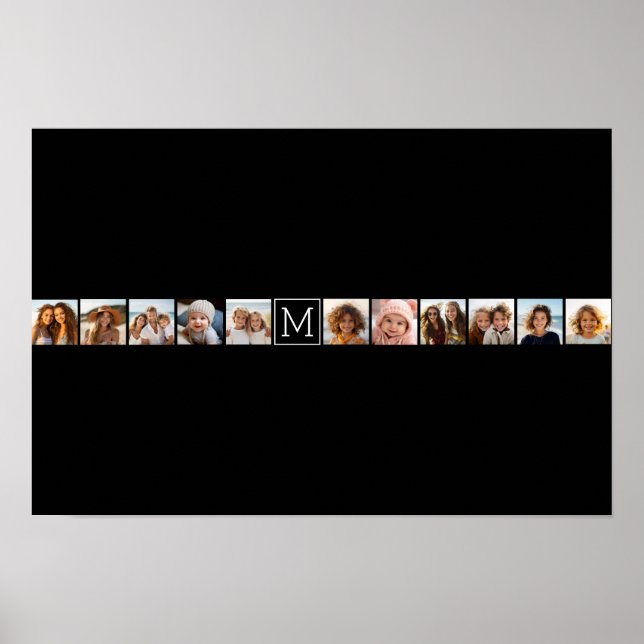 11 Photo Instagram Collage Custom Black Monogram Poster (Front)