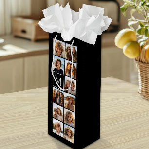 11 Photo Instagram Collage Custom Black Monogram Wine Gift Bag