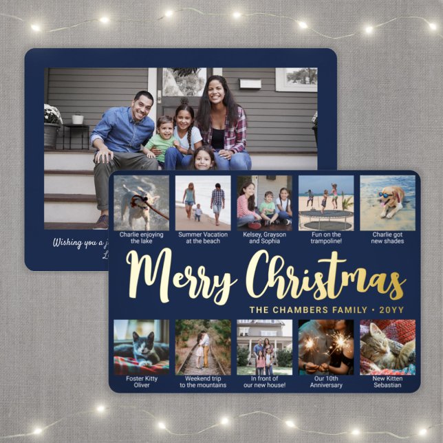 11 Photo Navy Blue Merry Christmas Modern Collage Foil Holiday Card (Creator Uploaded)