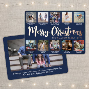 11 Photo Navy Blue Merry Christmas Modern Script Foil Holiday Card