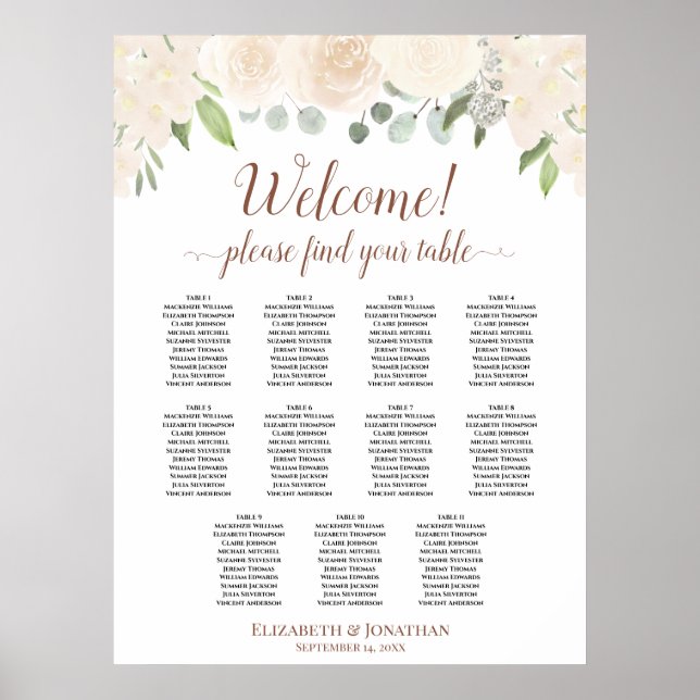 11 Table Blush Peach Roses Wedding Seating Chart (Front)