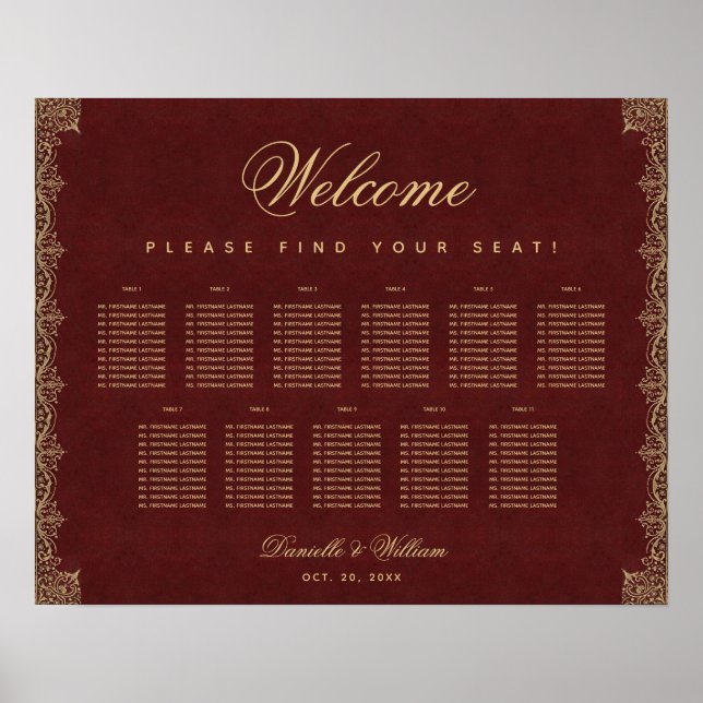 11 Table Burgundy Red Vintage Gold Seating Chart (Front)