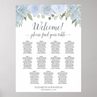 11 Table Dusty Blue Roses Wedding Seating Chart