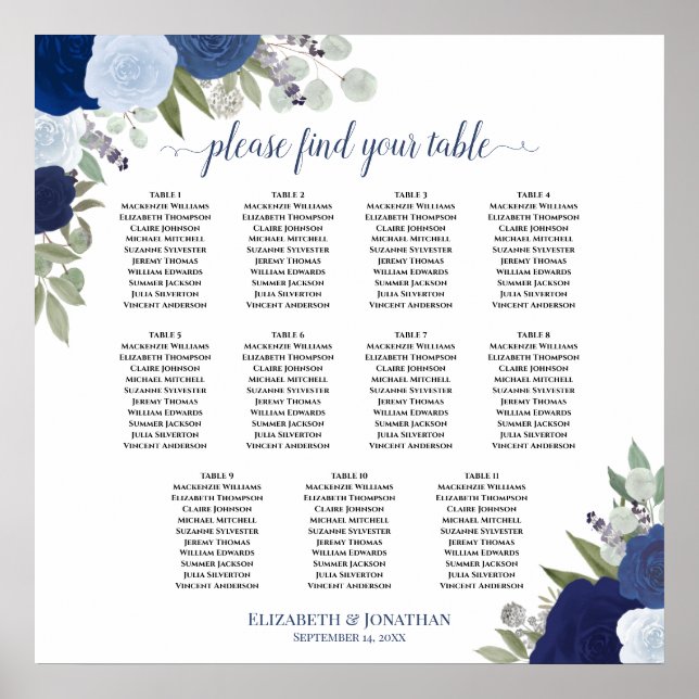 11 Table Elegant Blue Roses Wedding Seating Chart  (Front)