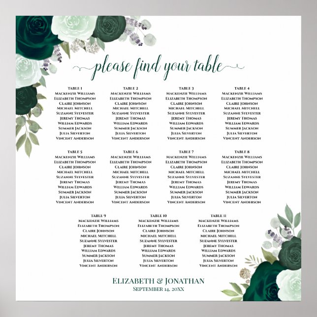 11 Table Emerald Floral Wedding Seating Chart  (Front)