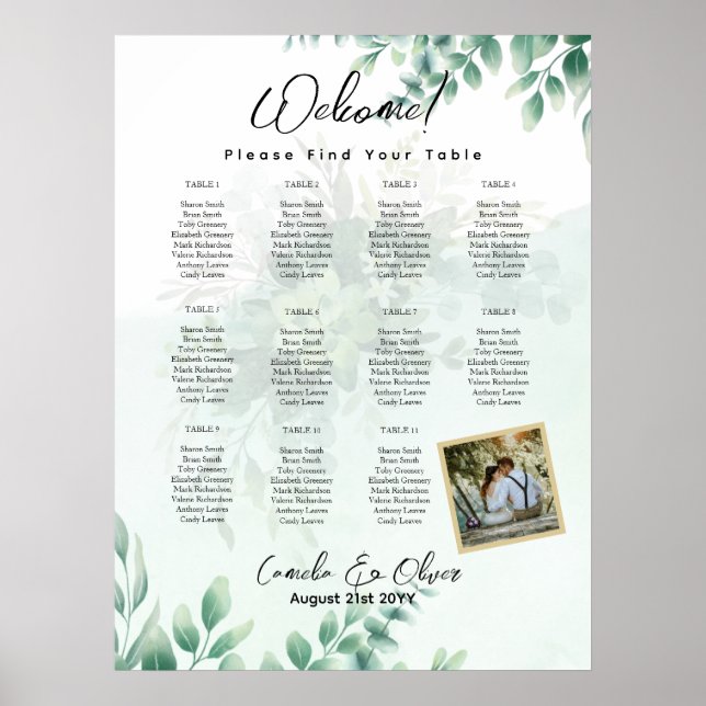 11 Table Greenery PHOTO Seating Chart Welcome (Front)