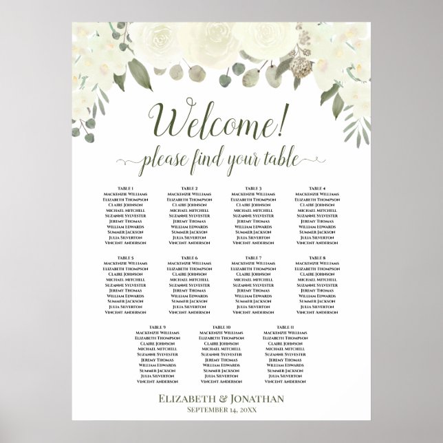 11 Table Ivory White Roses Wedding Seating Chart (Front)