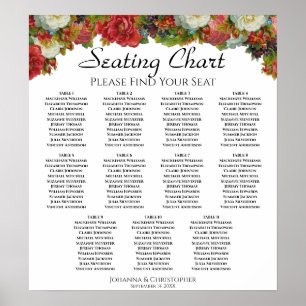 11 Table Red Fall Roses Wedding Seating Chart