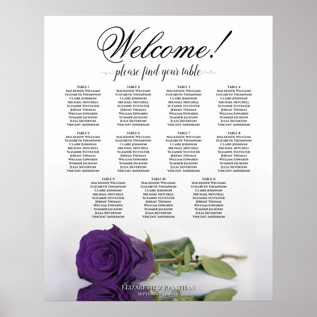 11 Table Royal Purple Rose Wedding Seating Chart (Front)