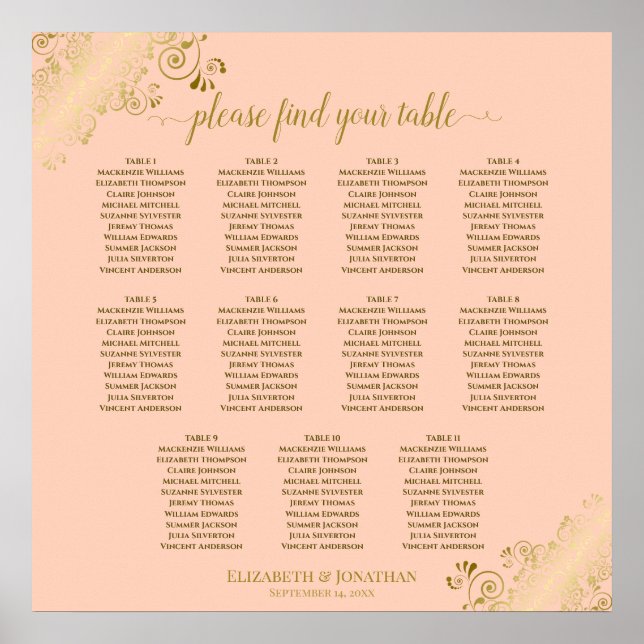 11 Table Wedding Seating Chart Coral Peach & Gold (Front)