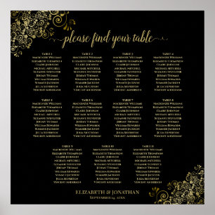 11 Table Wedding Seating Chart Gold Frills Black