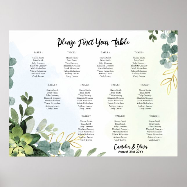 11 Table Wedding Seating Chart Greenery Eucalyptus (Front)