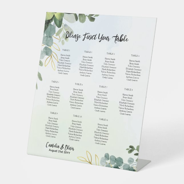 11 Table Wedding Seating Chart Greenery Eucalyptus Pedestal Sign (Front)