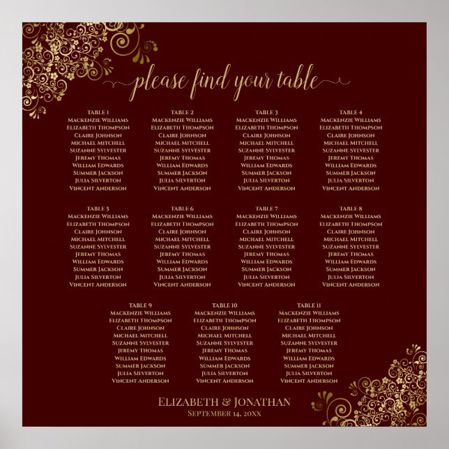11 Table Wedding Seating Chart Lacy Gold & Auburn (Front)