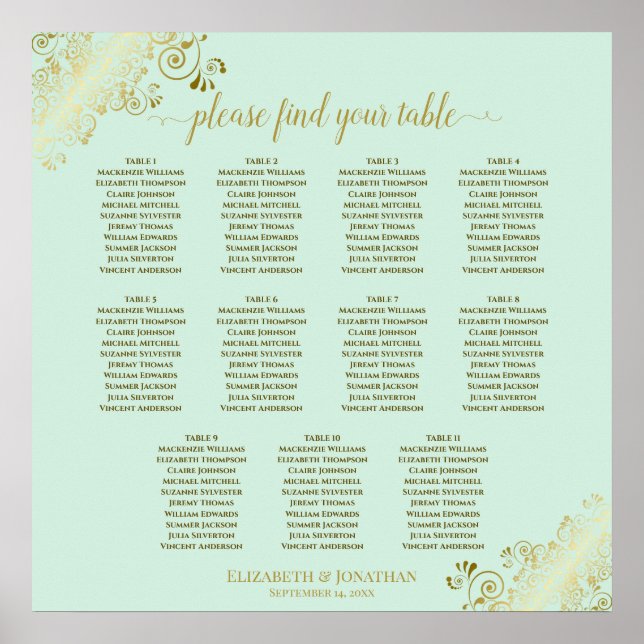 11 Table Wedding Seating Chart Mint Green & Gold (Front)