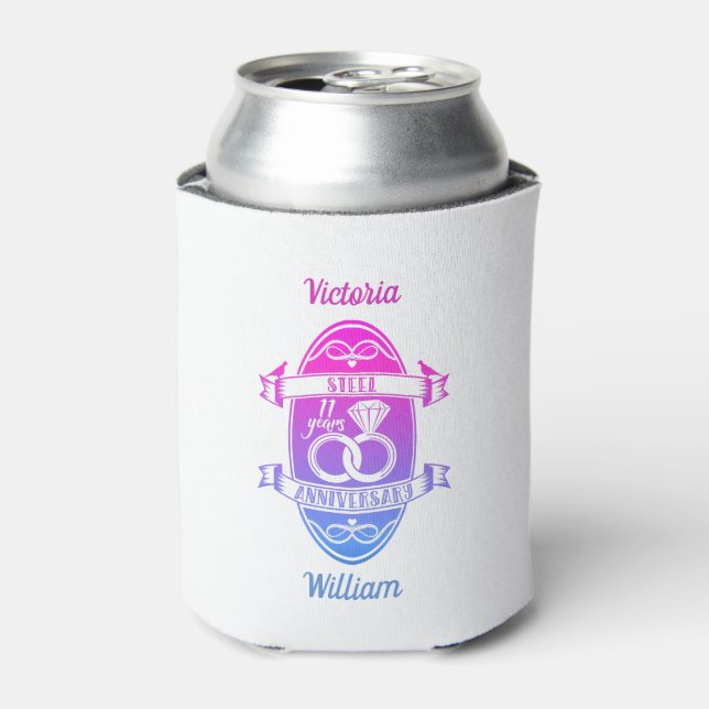 11 Year traditional Steel 11th wedding anniversary Can Cooler (Can Front)