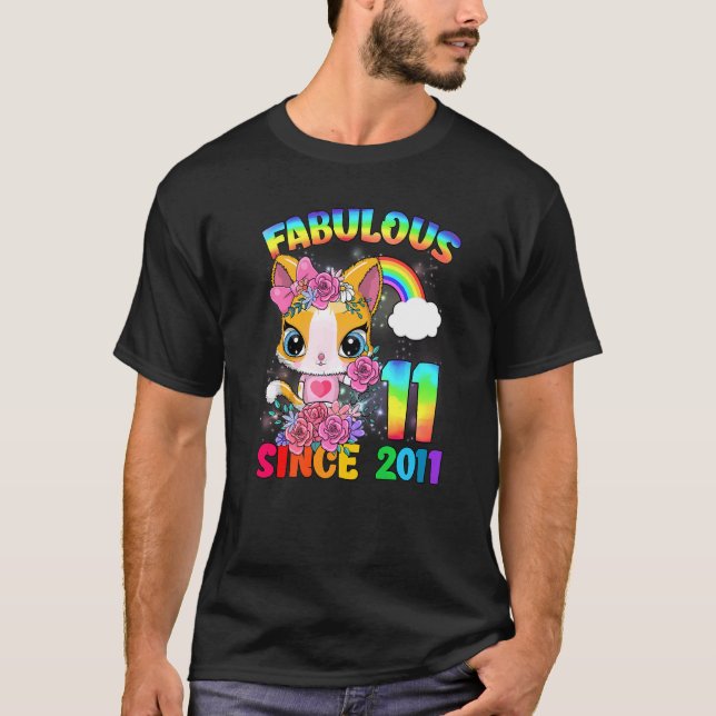 11 Years Old 11th Birthday Cute Cat Girl Fabulous  T-Shirt (Front)