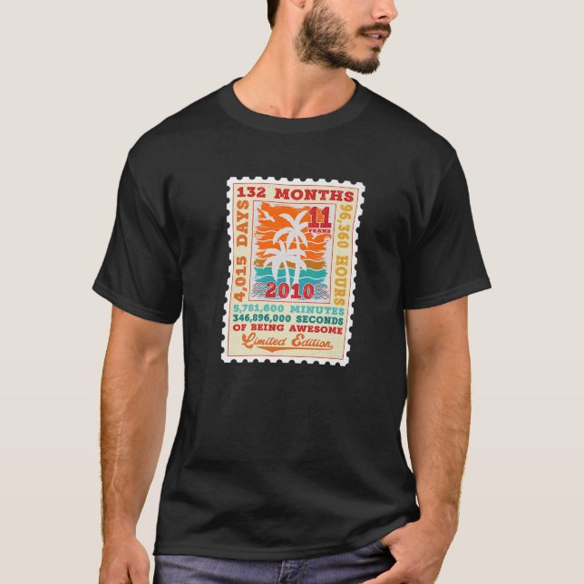 11 Years Old Palm Trees Beach 2010 Retro Stamp 11T T-Shirt (Front)