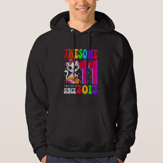 11st Birthday Girl Party Cute cat 11 Years Old Awe Hoodie (Front)