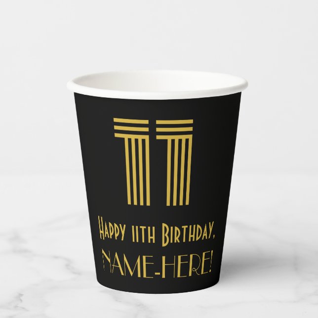 11th Birthday: Art Deco Inspired Look “11” & Name Paper Cups (Front)