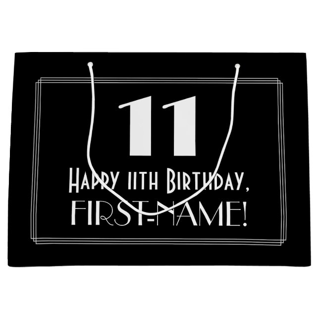 11th Birthday: Art Deco Inspired Style "11", Name Large Gift Bag (Front)