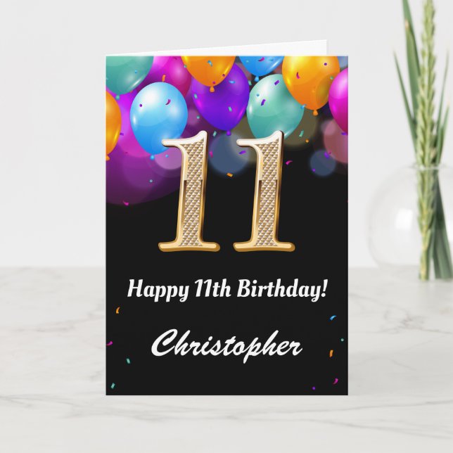 11th Birthday Black and Gold Colourful Balloons Card (Front)
