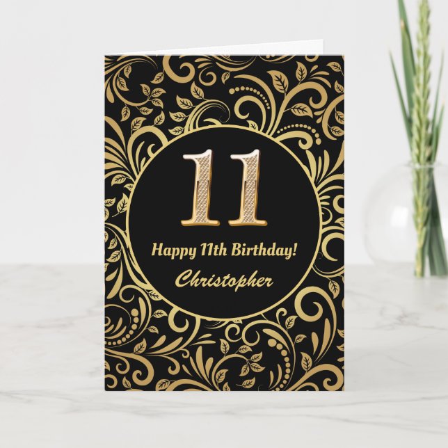 11th Birthday Black and Gold Floral Pattern Card (Front)