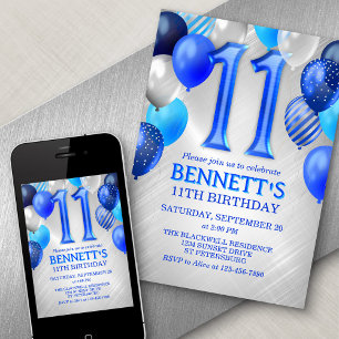 11th Birthday Blue Balloons Invitation