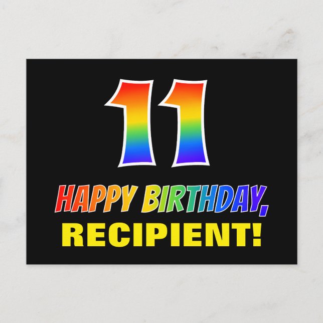 11th Birthday: Bold, Fun, Simple, Rainbow 11 Postcard (Front)