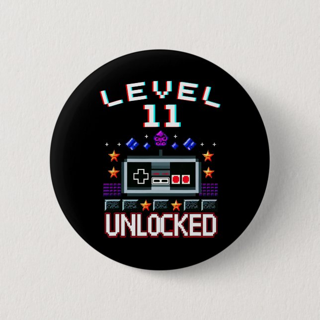 11th Birthday Boy Level 11 Unlocked Funny Video Ga 6 Cm Round Badge (Front)