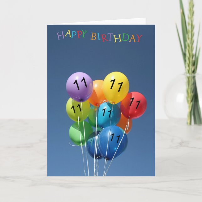 11th Birthday Card coloured balloons (Front)