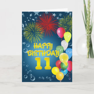 11th Birthday card with fireworks and balloons