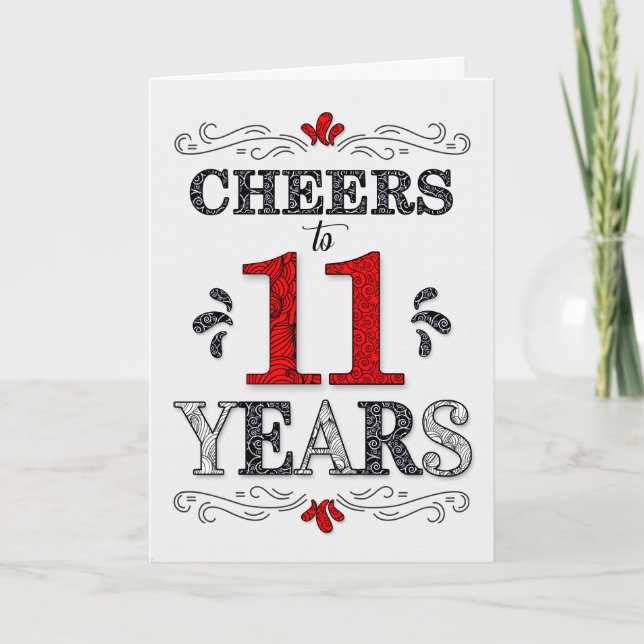 11th Birthday Cheers in Red White Black Pattern Card (Front)