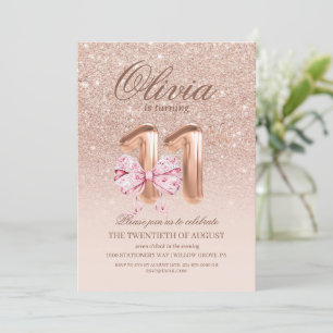 11th Birthday Chic Rose Pink Gold Bow Birthday Invitation