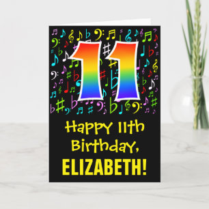 11th Birthday: Colorful Music Symbols + Rainbow 11 Card