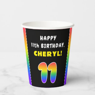 11th Birthday: Colorful Rainbow # 11, Custom Name Paper Cups
